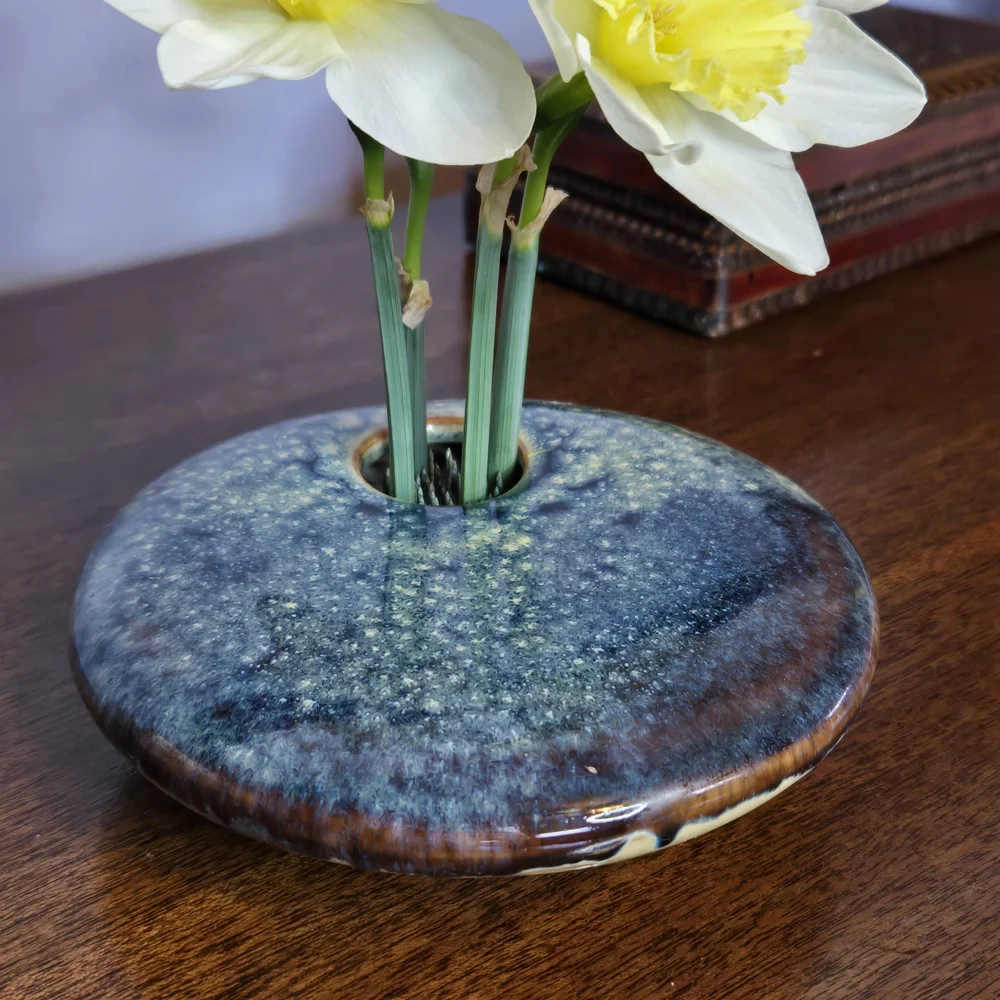 Vintage Ikebana Ceramic Blue Flower Frog Vase Handmade, Painted, Signed Gp 02